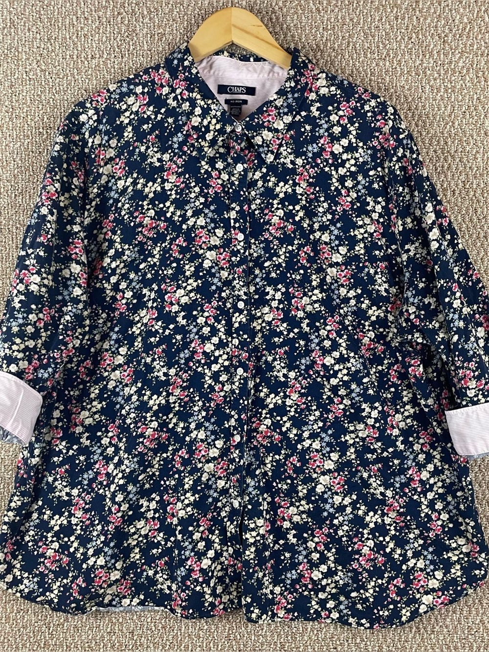 Chaps No Iron Shirt Womens 3X Floral Striped 3/4 Sleeve Button-Up Ws